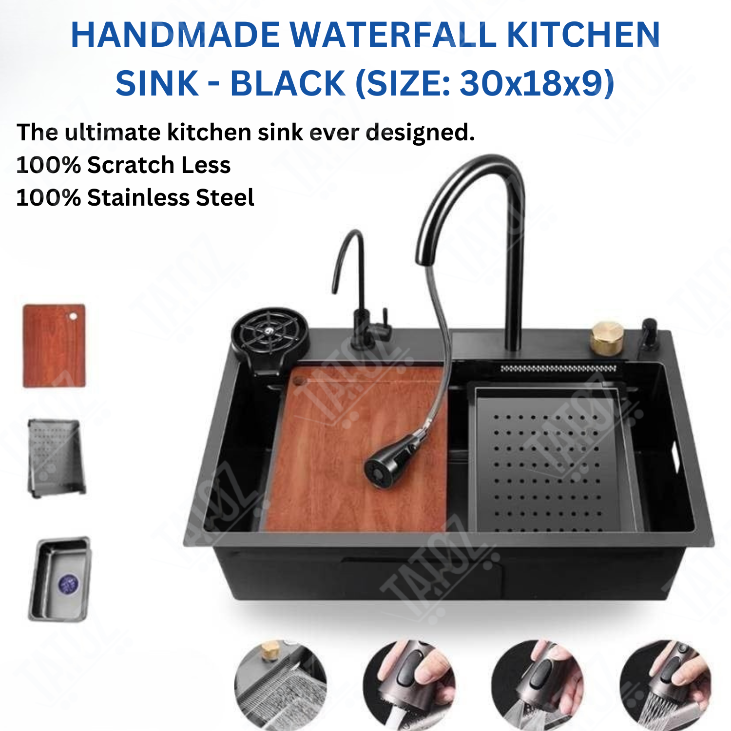 Nano Black 304-Grade Smart Kitchen Sink with Integrated Waterfall, Pull-Out & RO Faucet (30 x 18 x 9 Inches)