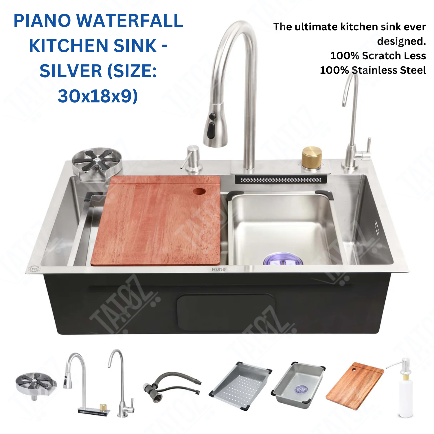 Nano 304-Grade Smart Kitchen Sink Silver with Integrated Waterfall, Pull-Out & RO Faucet (30 x 18 x 9 Inches)