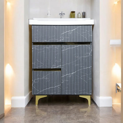 Premium HDHMR Plywood Vanity with Wash Basin | Water & Termite Resistance | Grey & Gold Color Cabinet for Bathroom, (Size- 24x18x32 Inch) 8001P