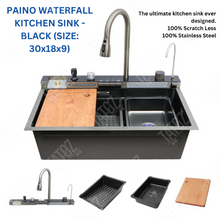 Piano 304-Grade Smart Kitchen Sink Black with Integrated Waterfalls, Digital Display, Pull-Out & RO Faucet (30 x 18 x 9 Inches)
