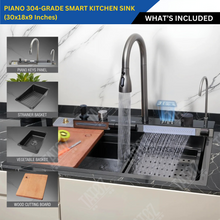 Piano 304-Grade Smart Kitchen Sink Black with Integrated Waterfalls, Digital Display, Pull-Out & RO Faucet (30 x 18 x 9 Inches)