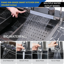 Piano 304-Grade Smart Kitchen Sink Black with Integrated Waterfalls, Digital Display, Pull-Out & RO Faucet (30 x 18 x 9 Inches)