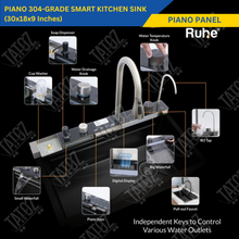 Piano 304-Grade Smart Kitchen Sink Black with Integrated Waterfalls, Digital Display, Pull-Out & RO Faucet (30 x 18 x 9 Inches)