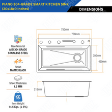 Piano 304-Grade Smart Kitchen Sink Black with Integrated Waterfalls, Digital Display, Pull-Out & RO Faucet (30 x 18 x 9 Inches)